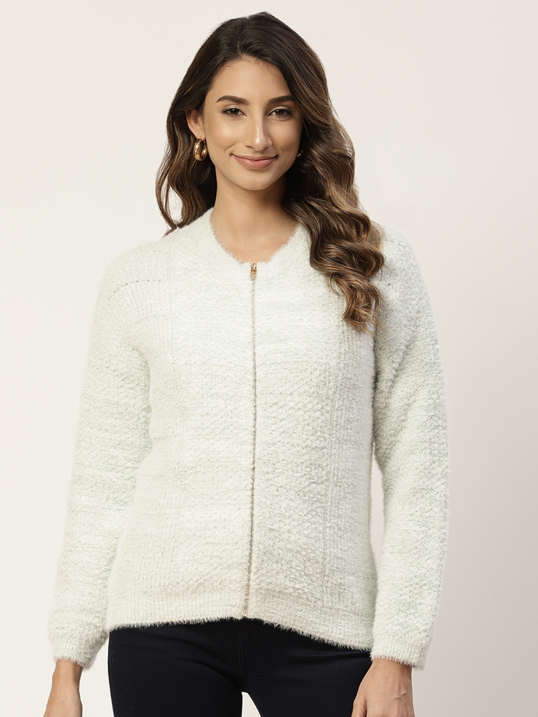 

Madame Women Mint Green Solid Fuzzy Cardigan