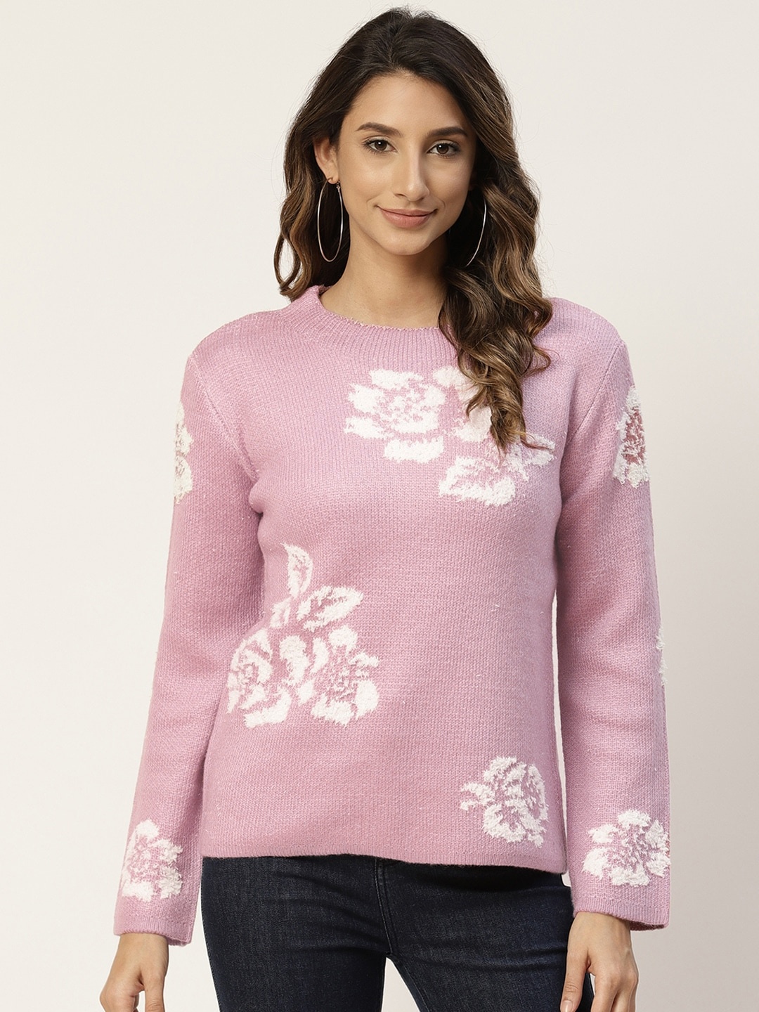 

Madame Women Mauve & White Floral Self Design Pullover Sweater