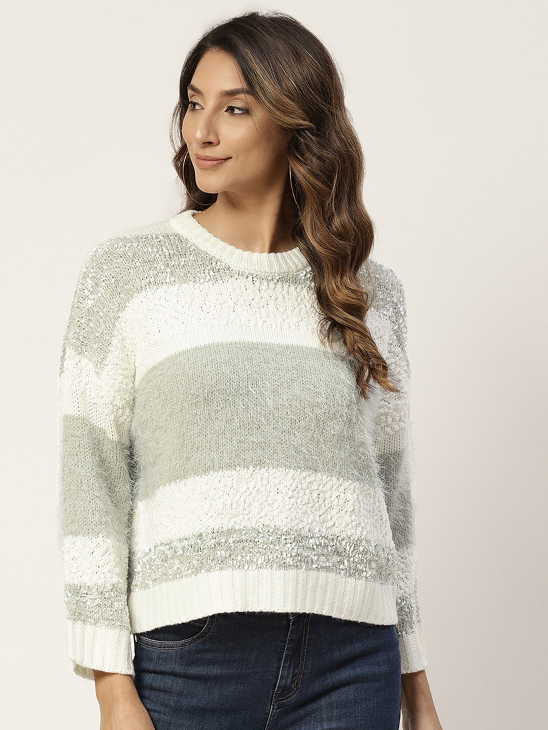 

Madame Women Grey & White Colourblocked Pullover Sweater with Fuzzy Detail