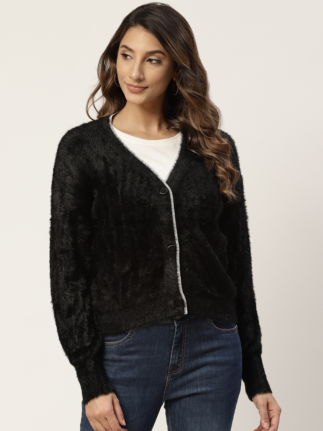 

Madame Women Black V-Neck Ribbed Cardigan with Fuzzy Detail