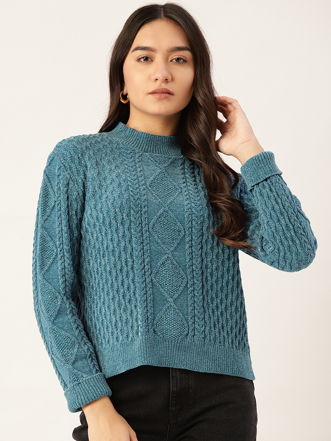 

Madame Women Teal Green Cable Knit Pullover