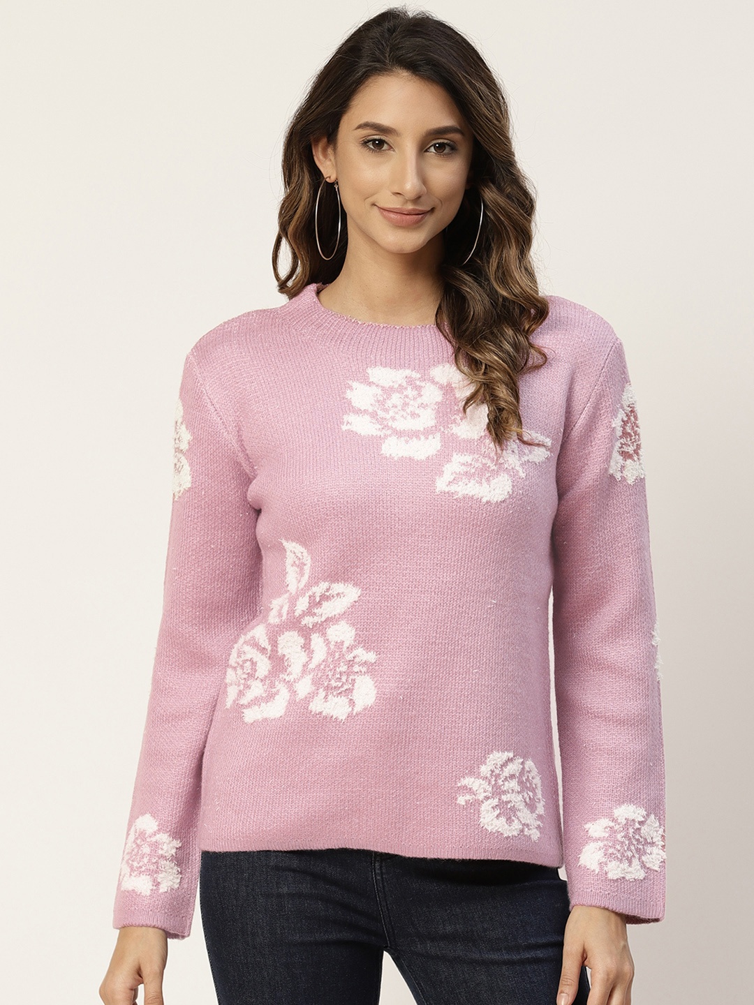 

Madame Women Mauve & White Floral Self-Design Pullover Sweater