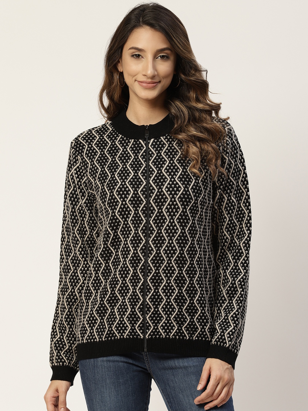 

Madame Women Black & Off-White Geometric Woven Design Cardigan