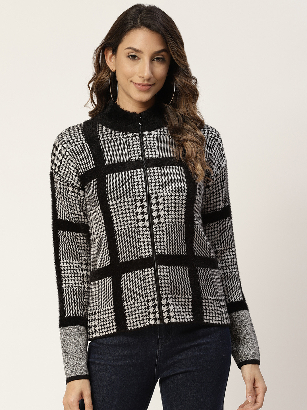 

Madame Women Black & White Checked Cardigan with Fuzzy Detail