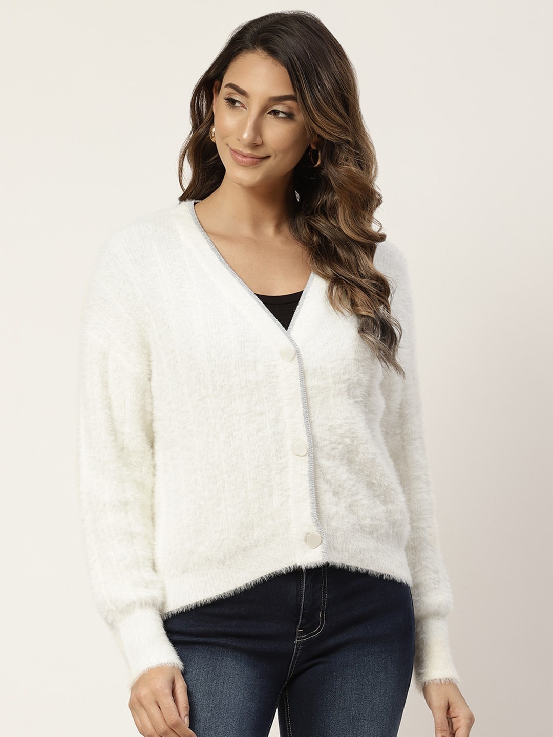 

Madame Women Off White V-Neck Ribbed Cardigan with Fuzzy Detail