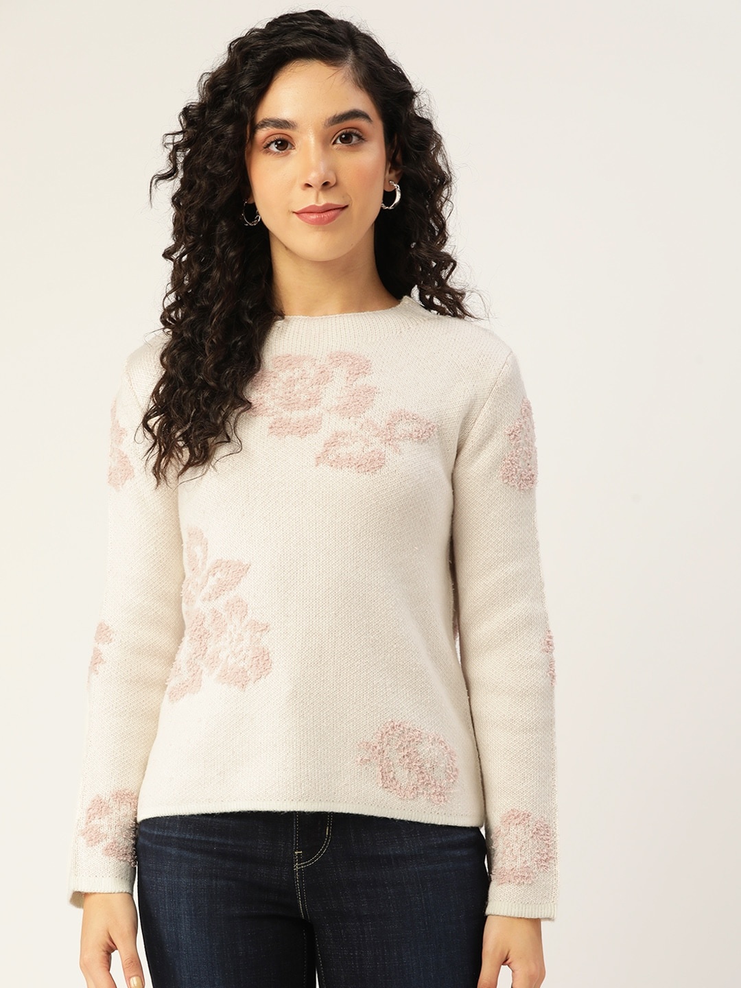 

Madame Women Peach Pink Floral Self Design Pullover Sweater