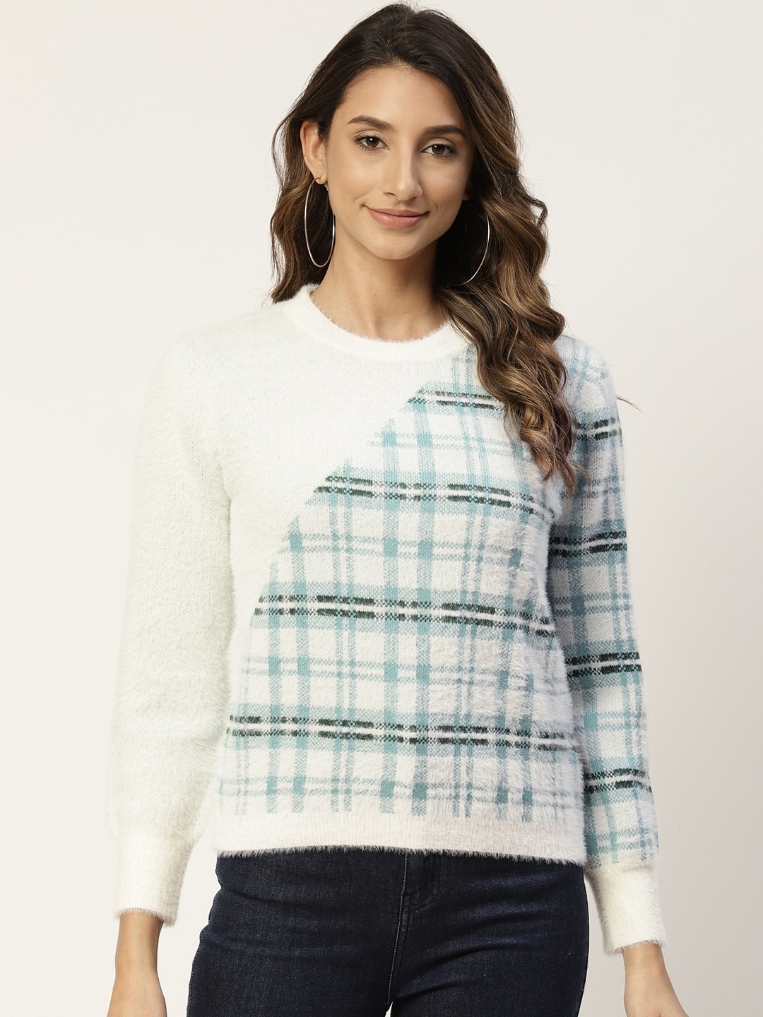 

Madame Women Green & Off White Checked Pullover Sweater with Fuzzy Detail