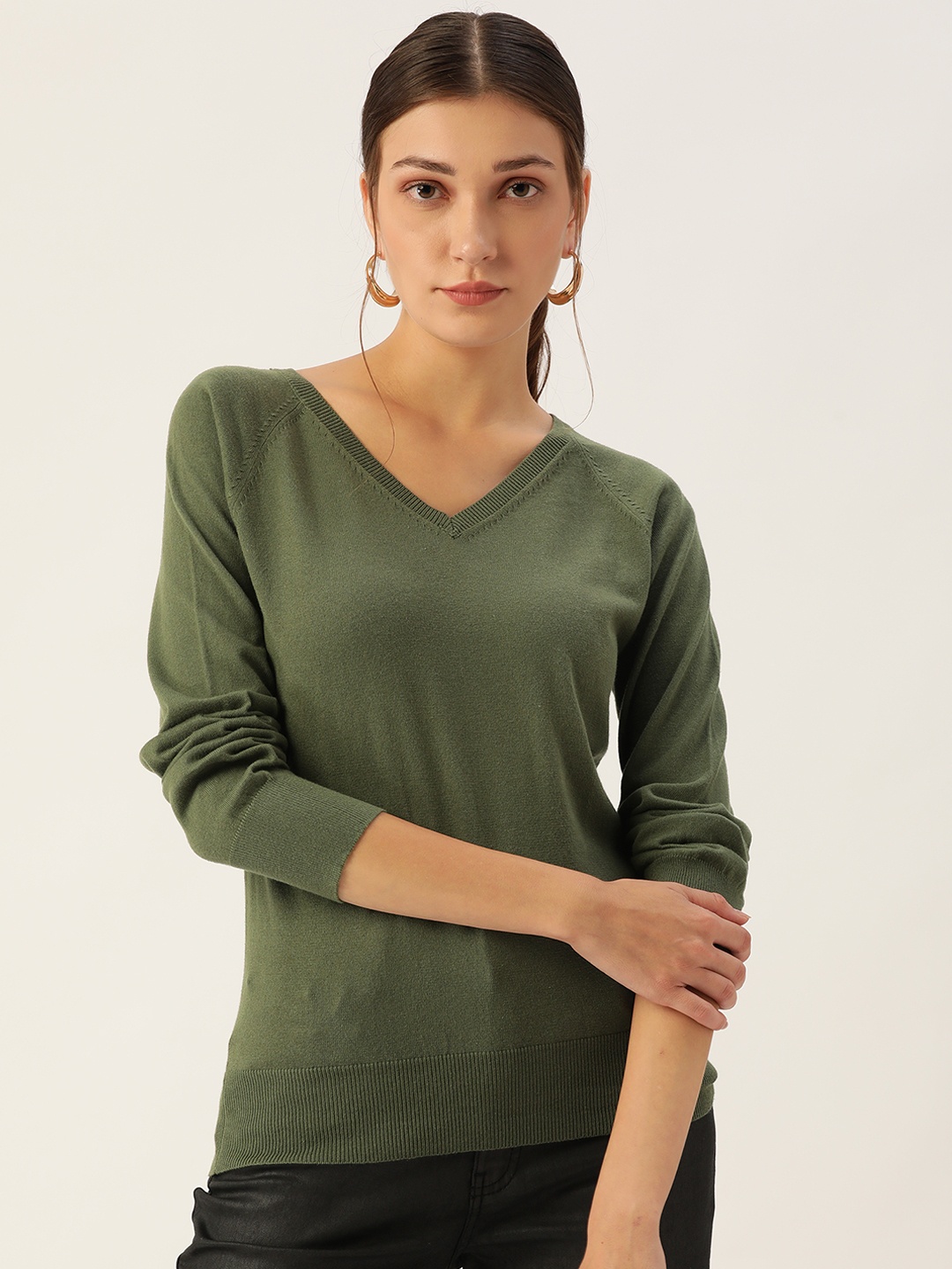 

Madame Women Olive Green Solid Pullover