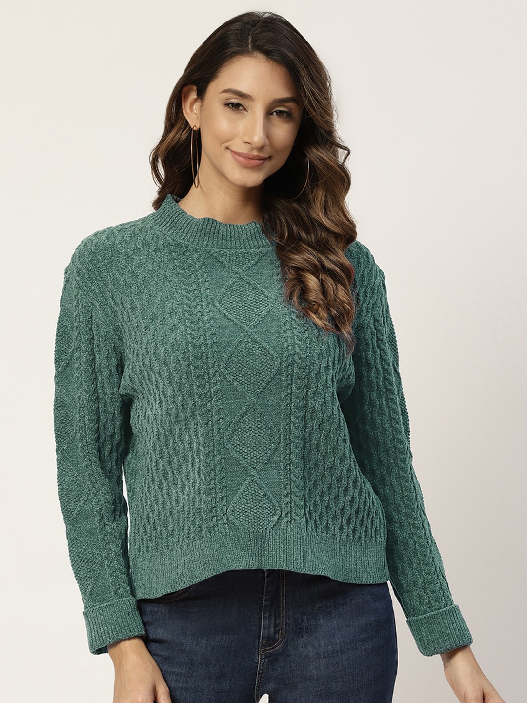 

Madame Women Green Cable Knit Self-Design Pullover Sweater