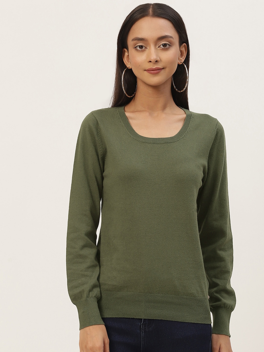 

Madame Women Olive Green Solid Pullover