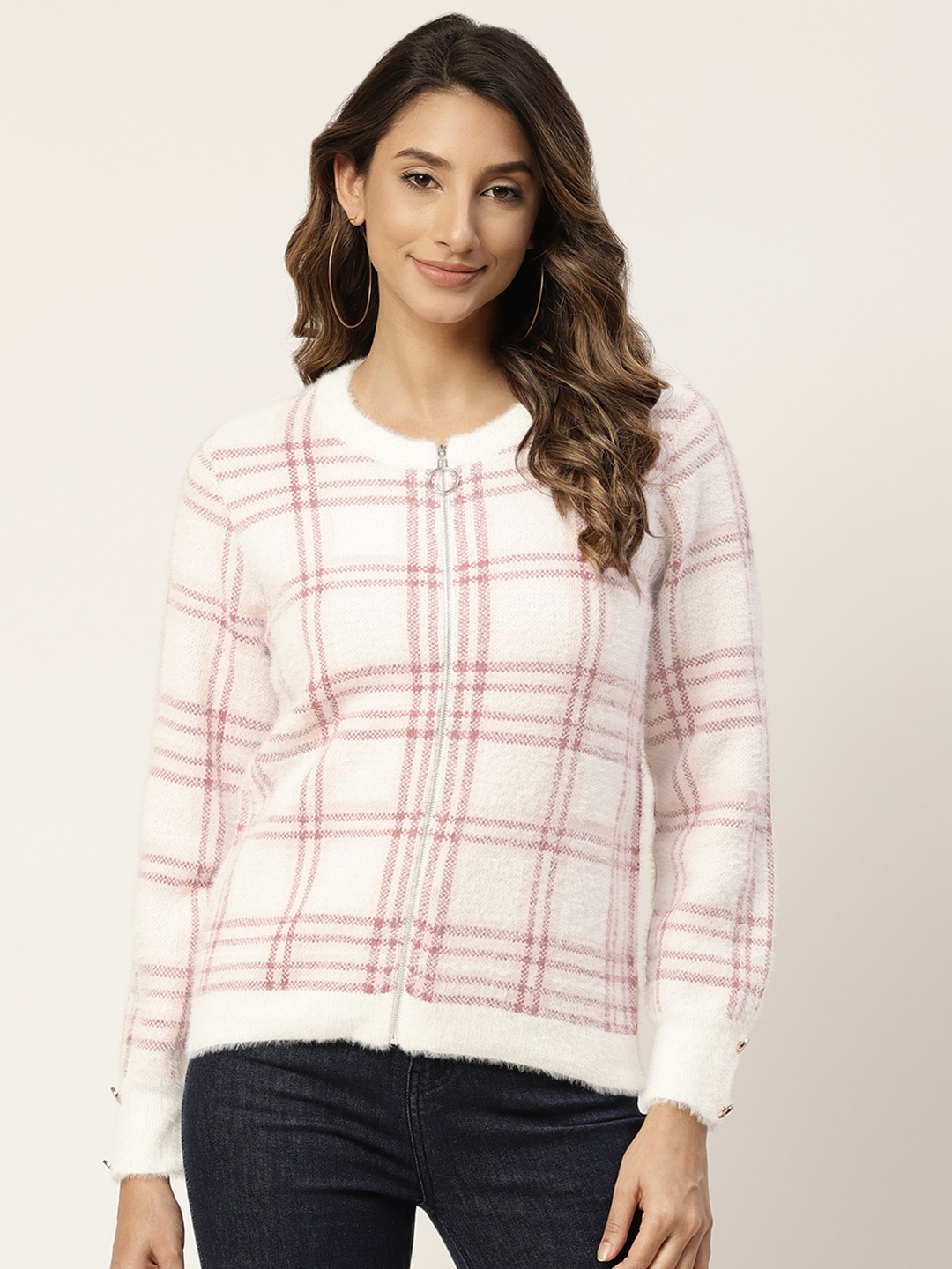 

Madame Women Off White & Red Boucle Checked Cardigan