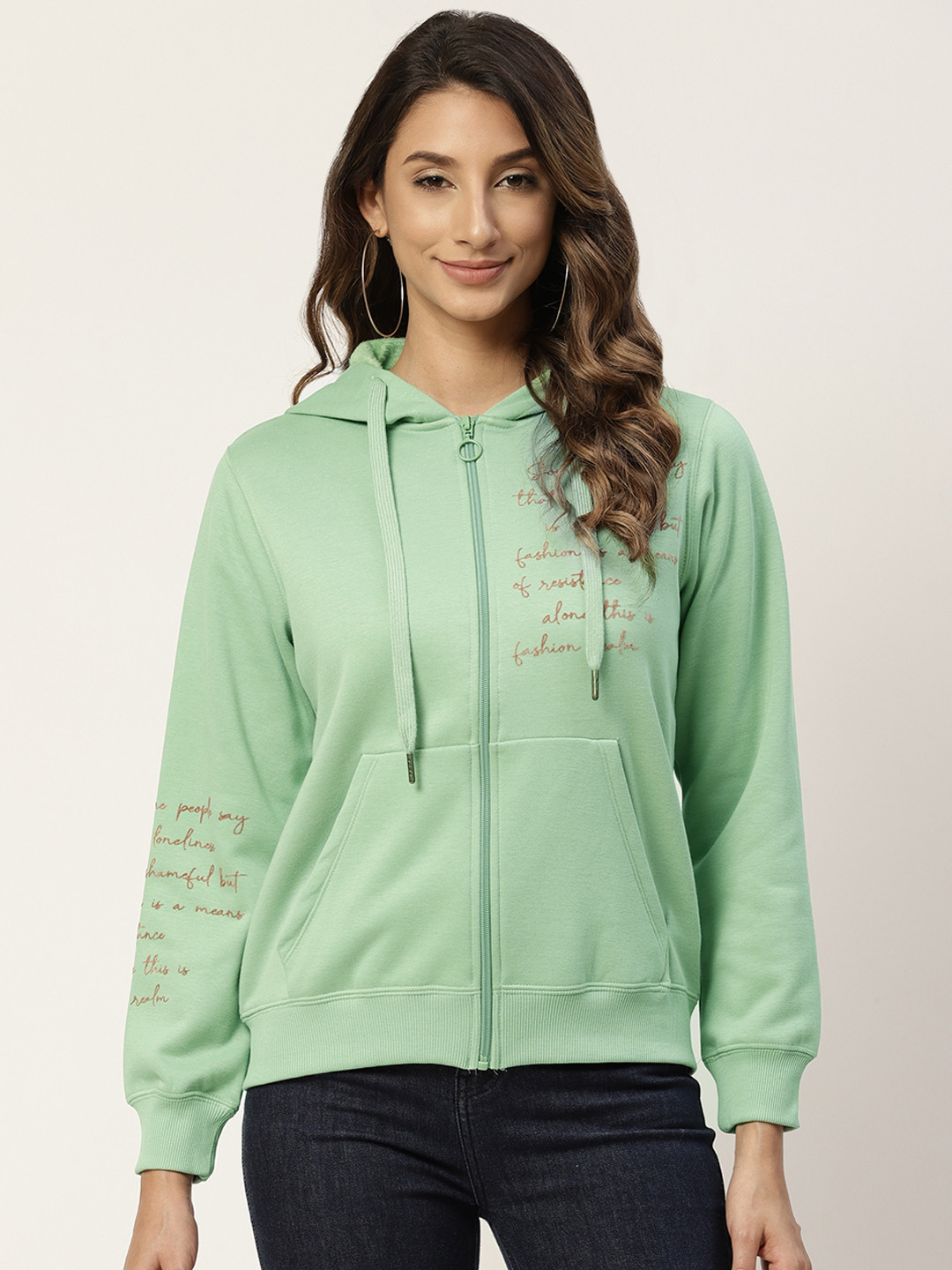 

Madame Women Green Typography Print Hooded Sweatshirt