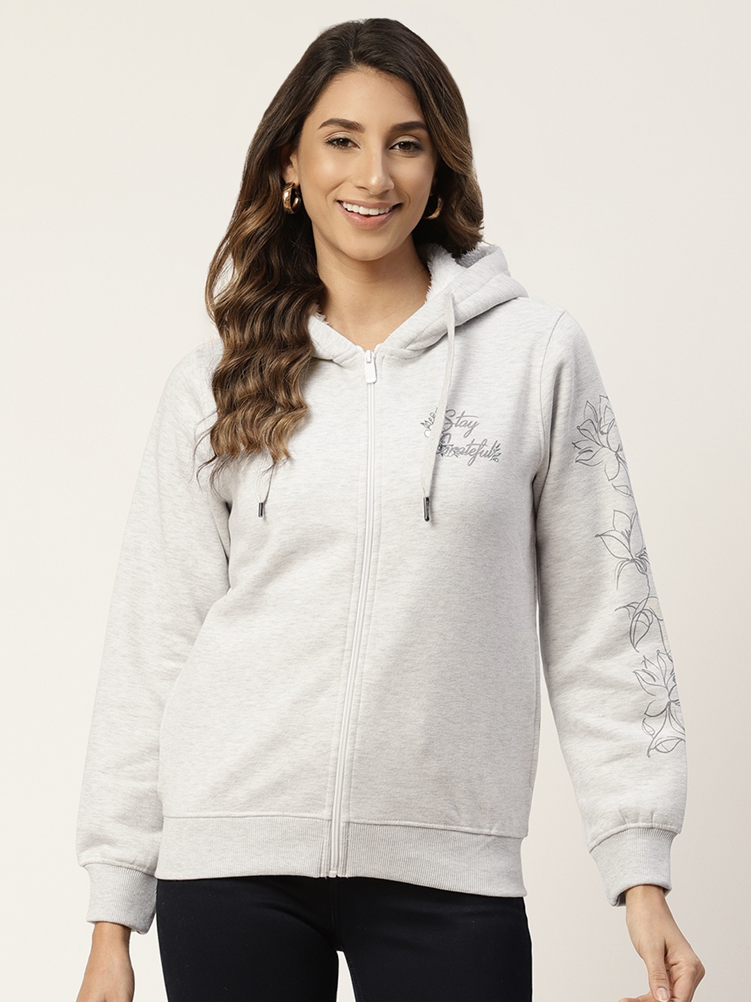 

Madame Women Grey Melange Printed Detail Hooded Sweatshirt