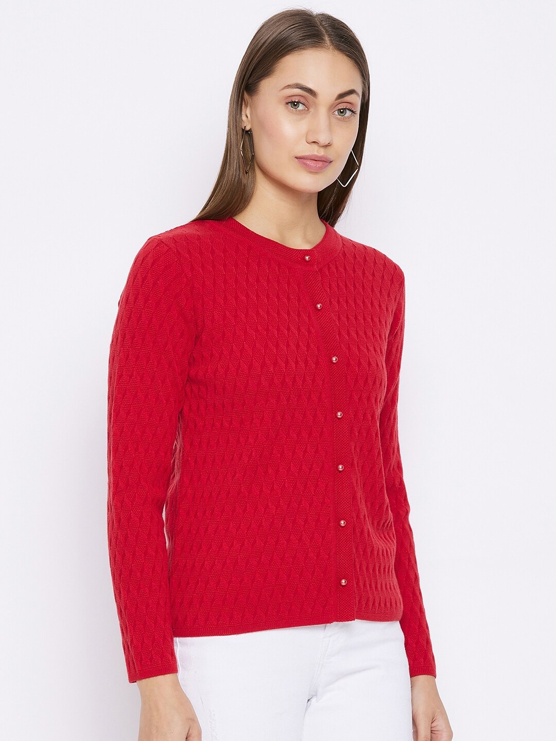 

Madame Women Red Ribbed Cardigan