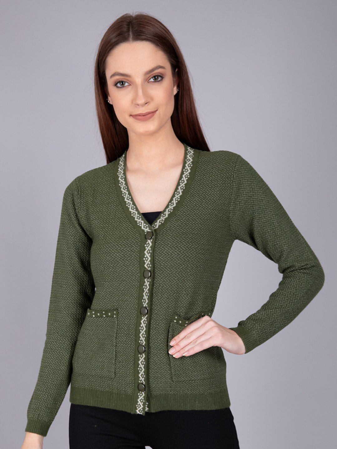 

Madame Women Olive Self Design Cardigan Woolen Sweater