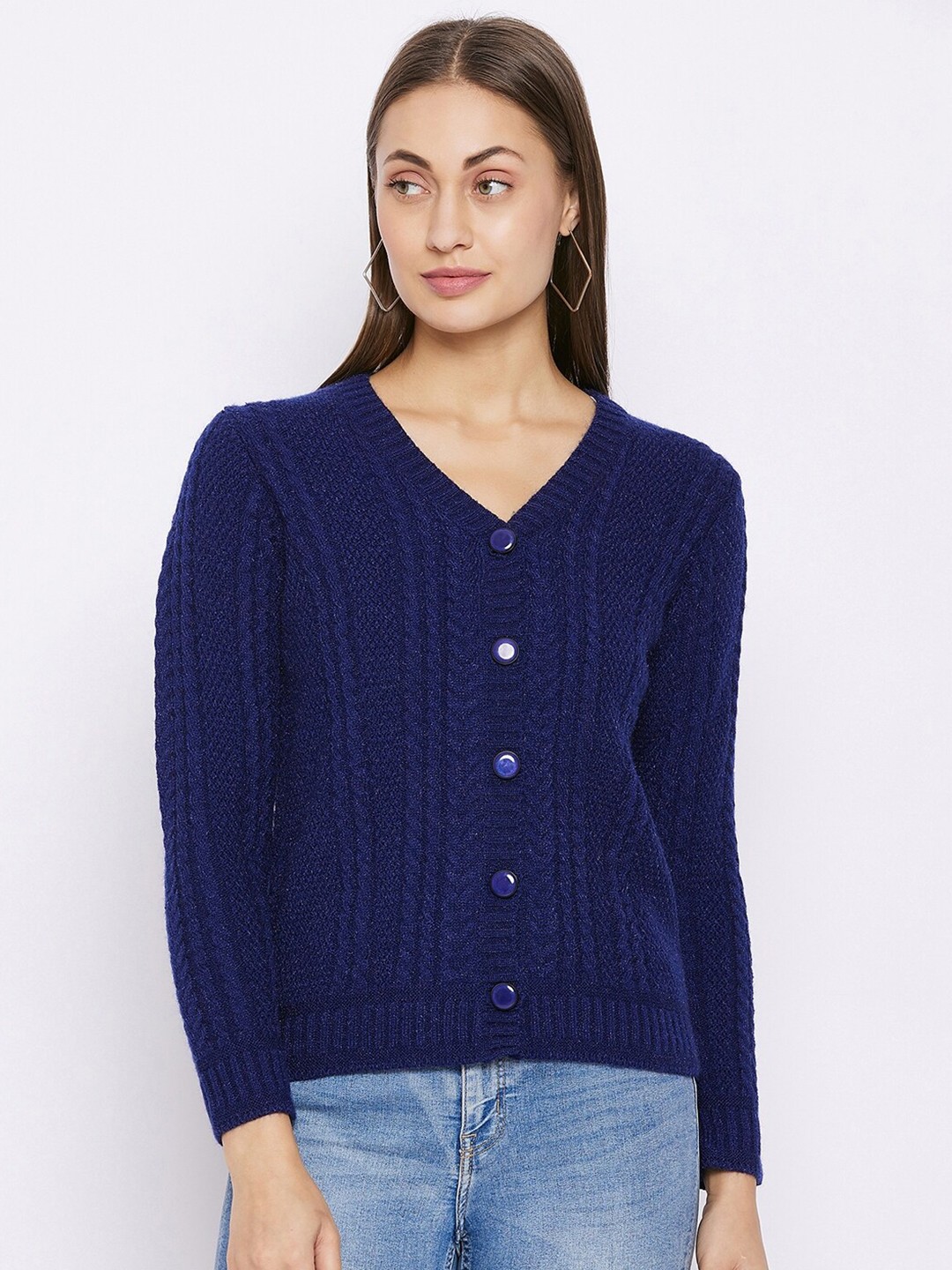 

Madame Women Navy Blue Ribbed Cardigan