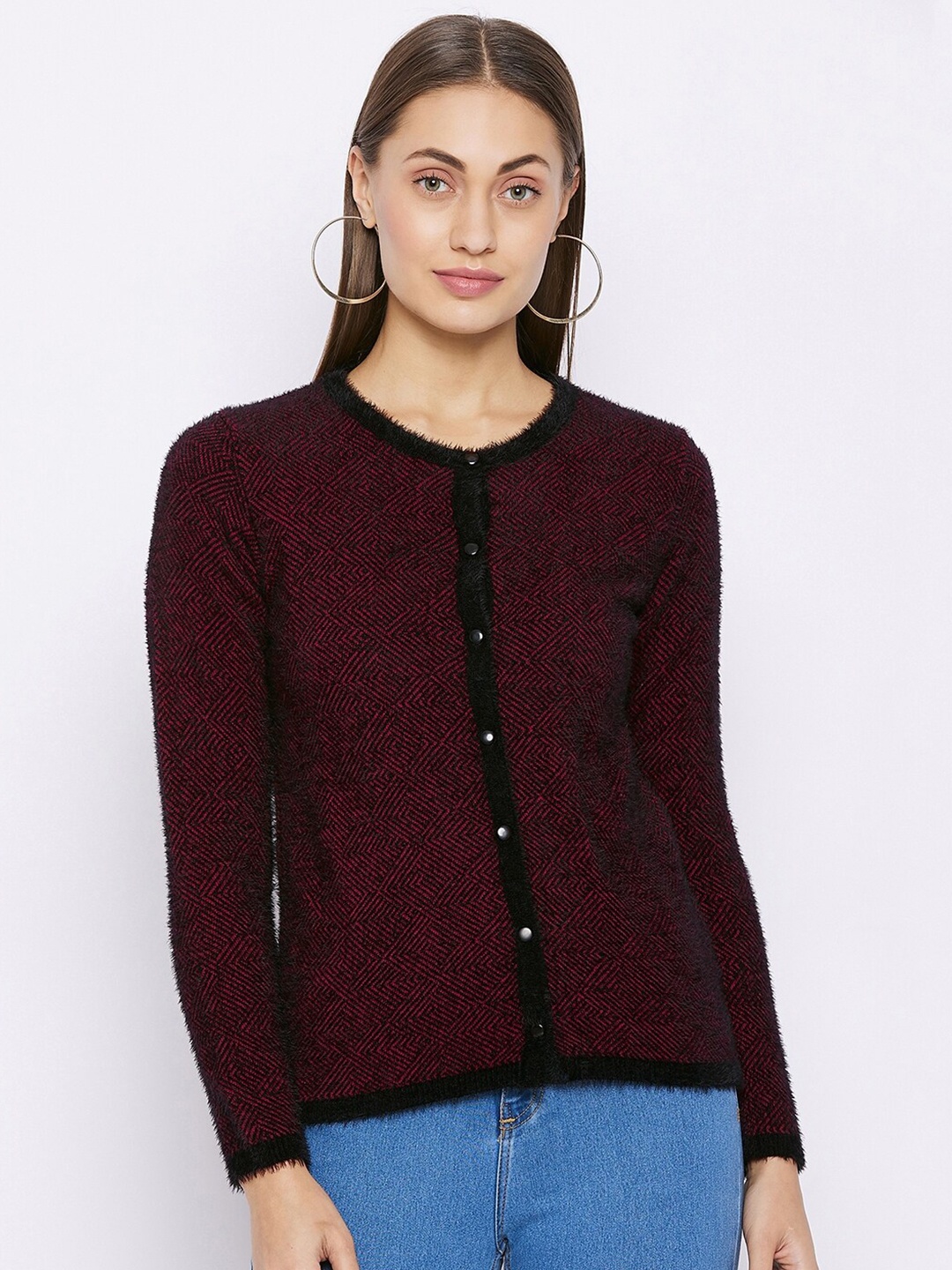 

Madame Women Maroon & Black Ribbed Cardigan