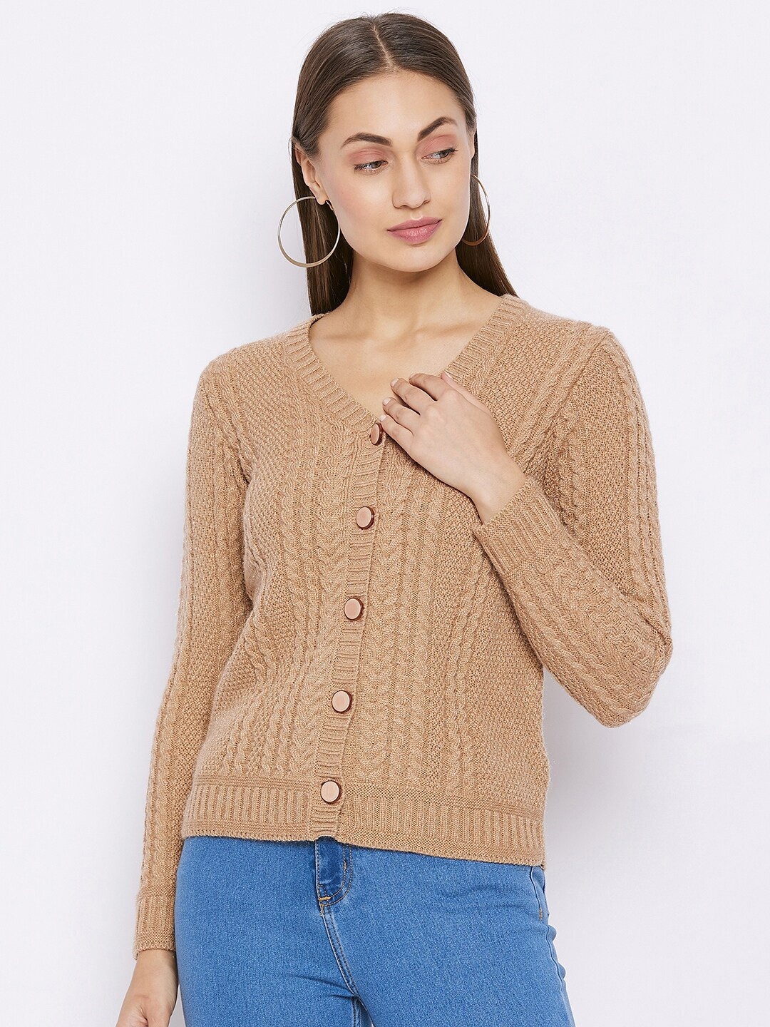 

Madame Women Beige Ribbed Cardigan Woolen Sweater