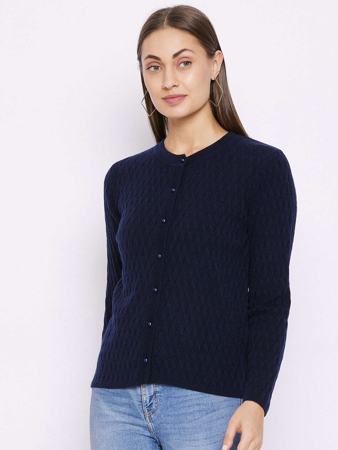

Madame Women Navy Blue Ribbed Cardigan