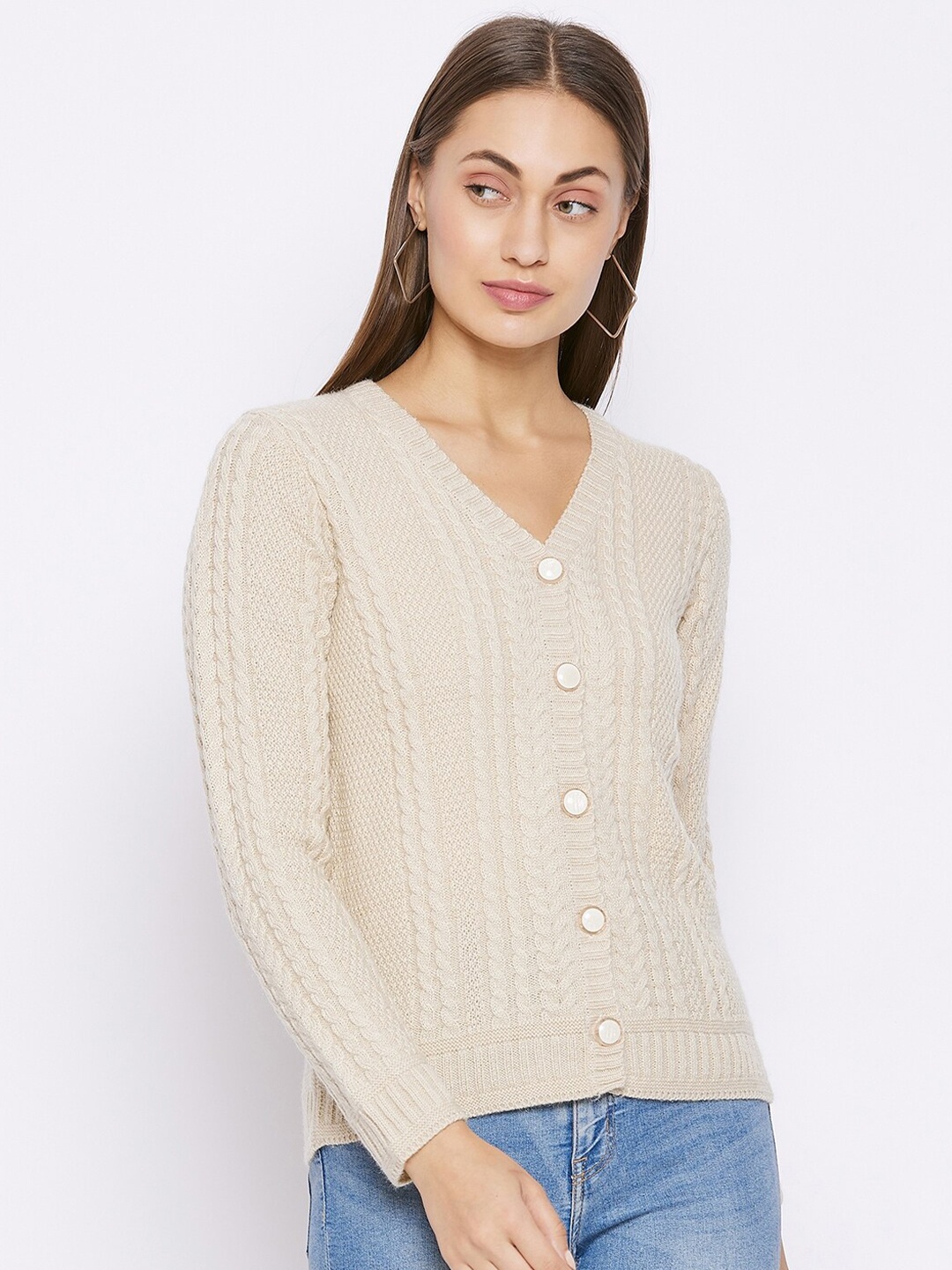 

Madame Women Beige Cable Knit Cardigan