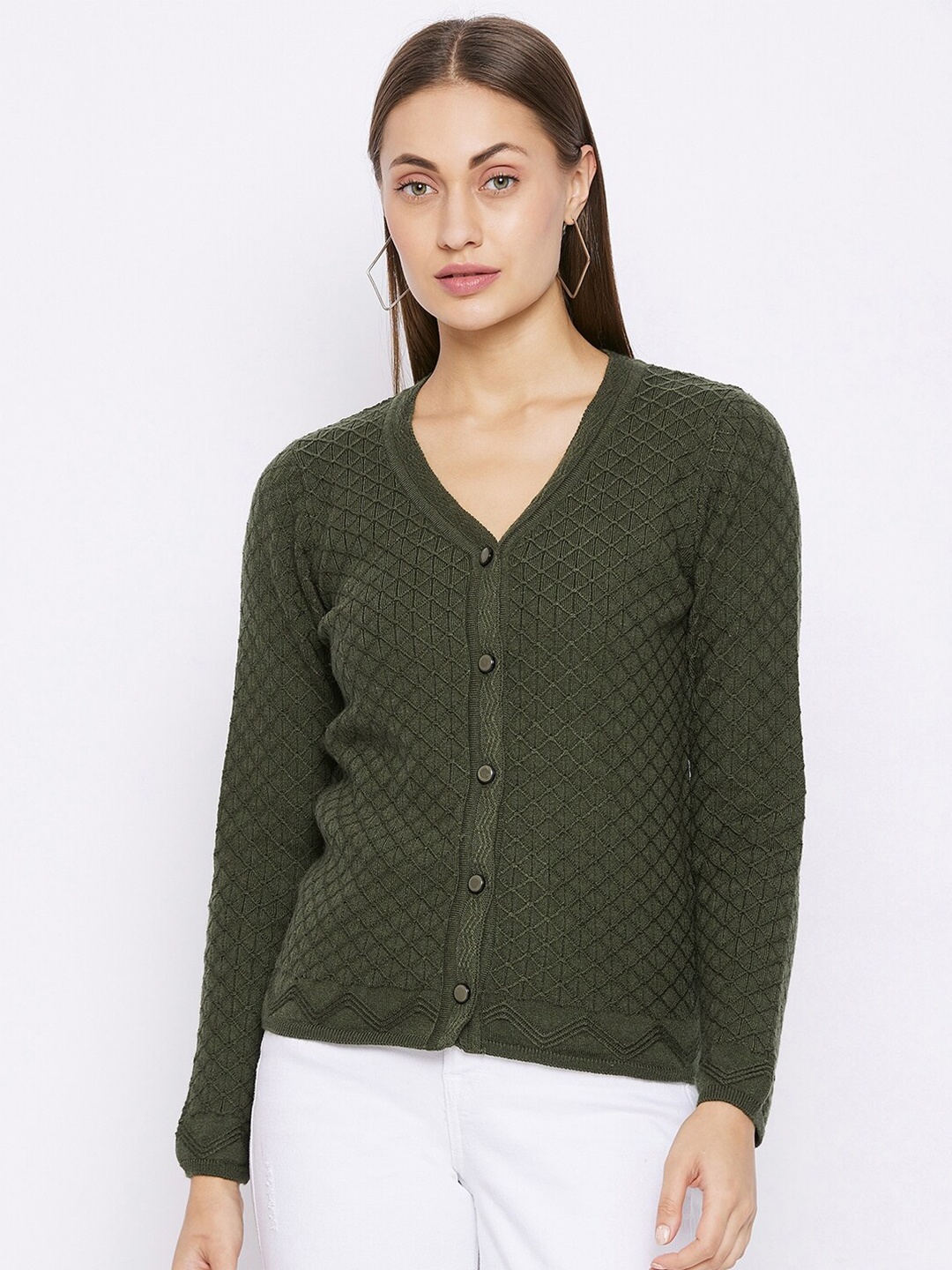 

Madame Women Olive Green Ribbed Cardigan
