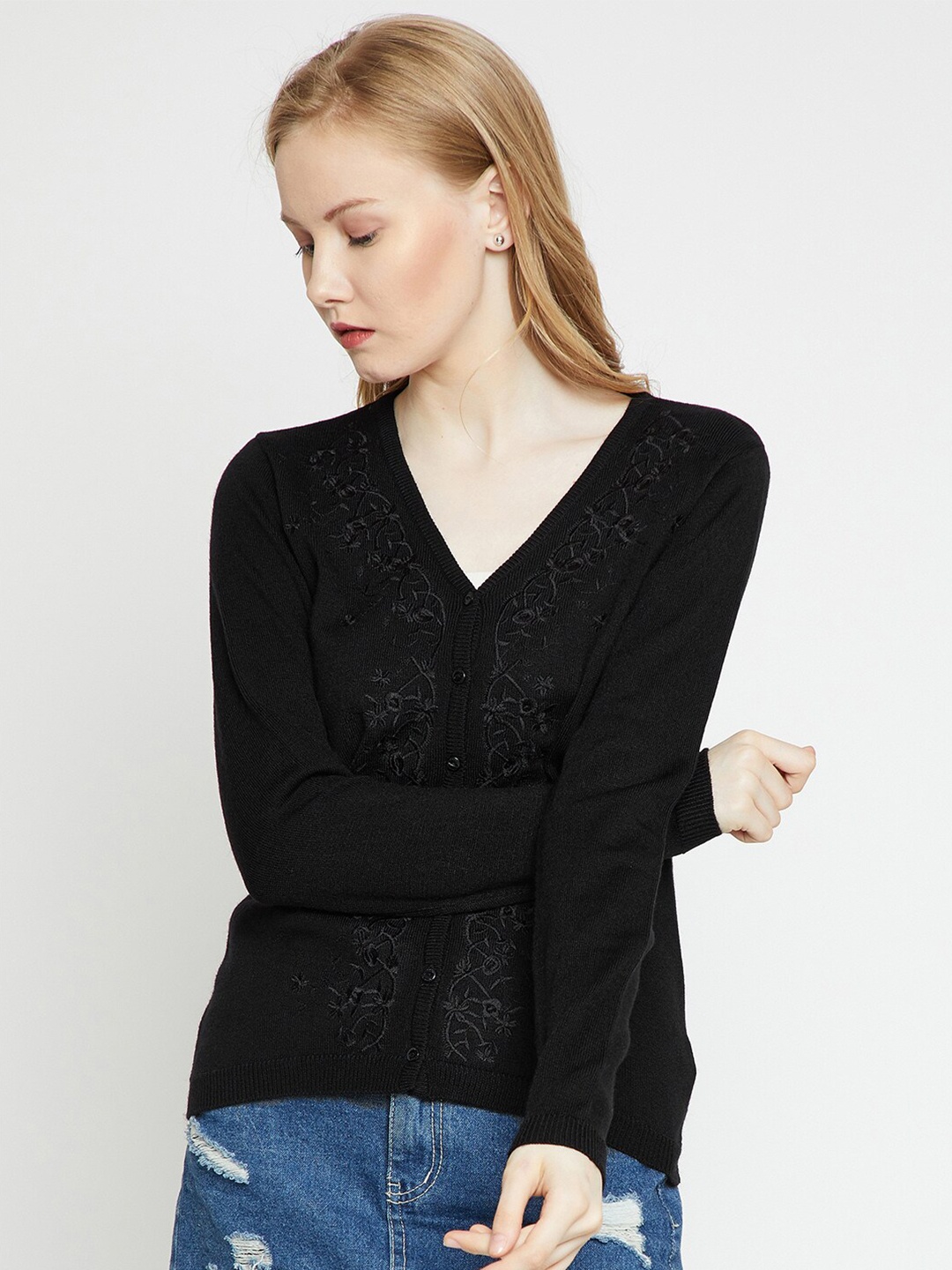 

Madame Women Black Embroidered Cardigan Woolen Sweater