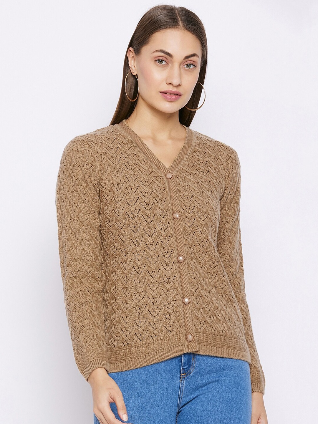 

Madame Women Khaki Ribbed Cardigan