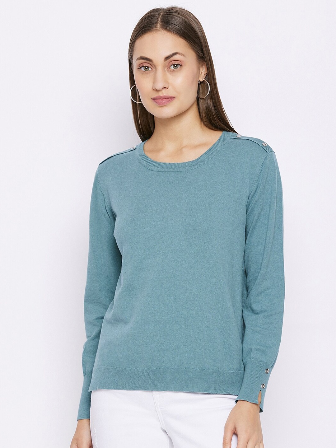 

Madame Women Turquoise Blue Woolen Pullover