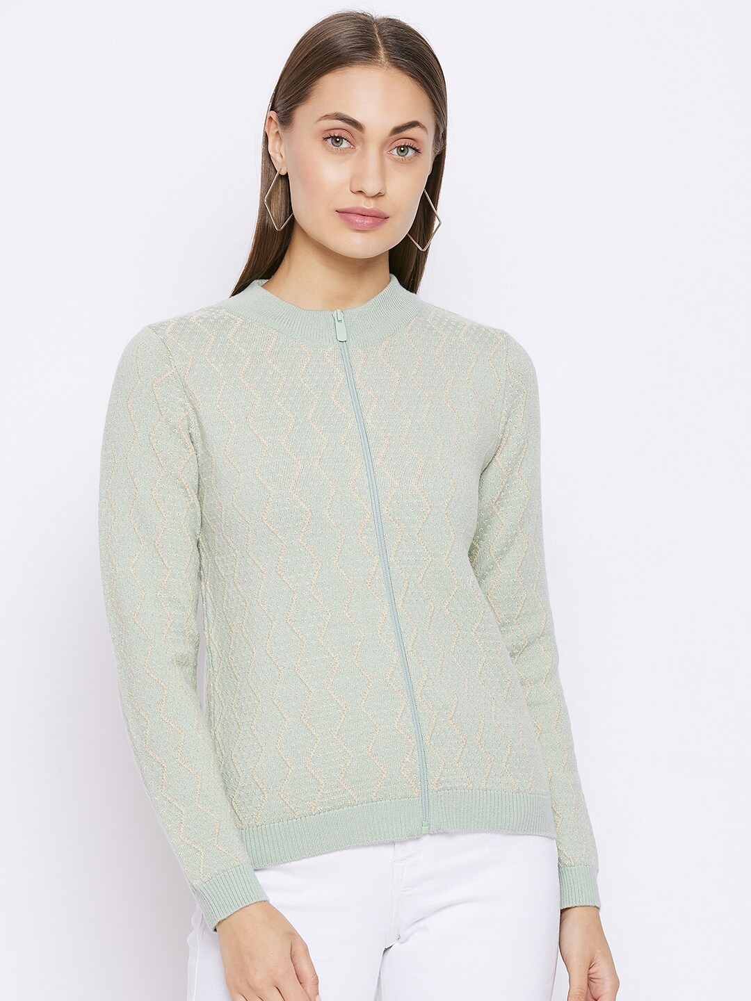 

Madame Women Green & Cream-Coloured Cable Knit Cardigan