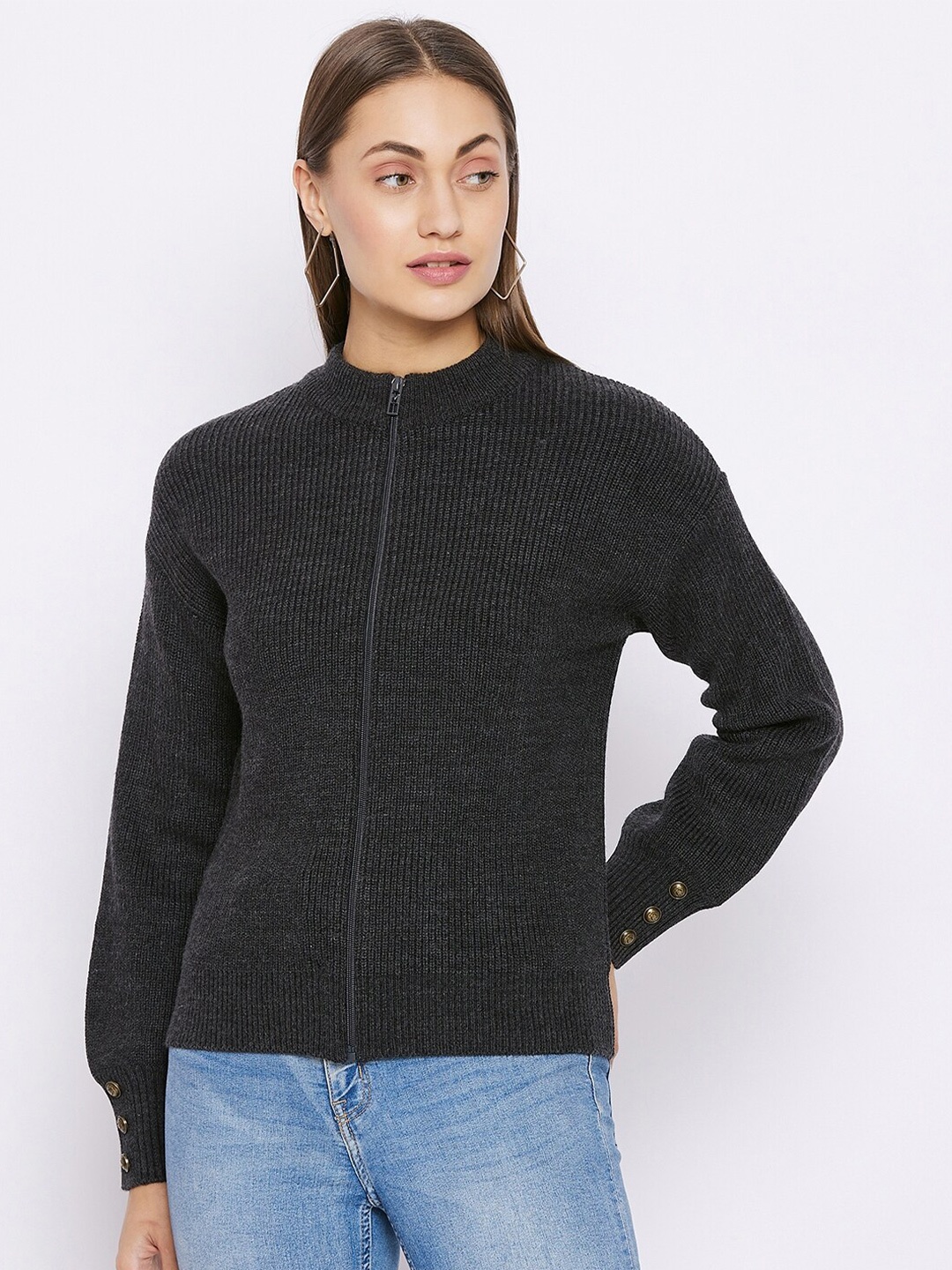 

Madame Women Grey Solid Cardigan Woolen Sweater