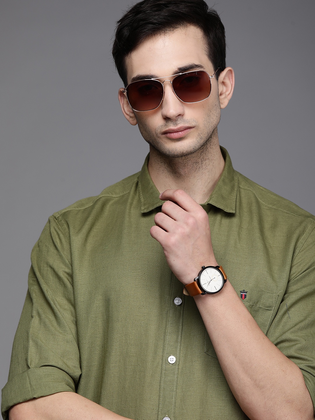 

Louis Philippe Jeans Men Slim Fit Linen Cotton Casual Shirt, Olive