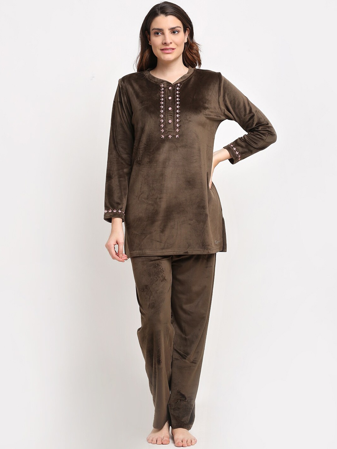 

Kanvin Women Olive Green Velour Winter Wear Night suit