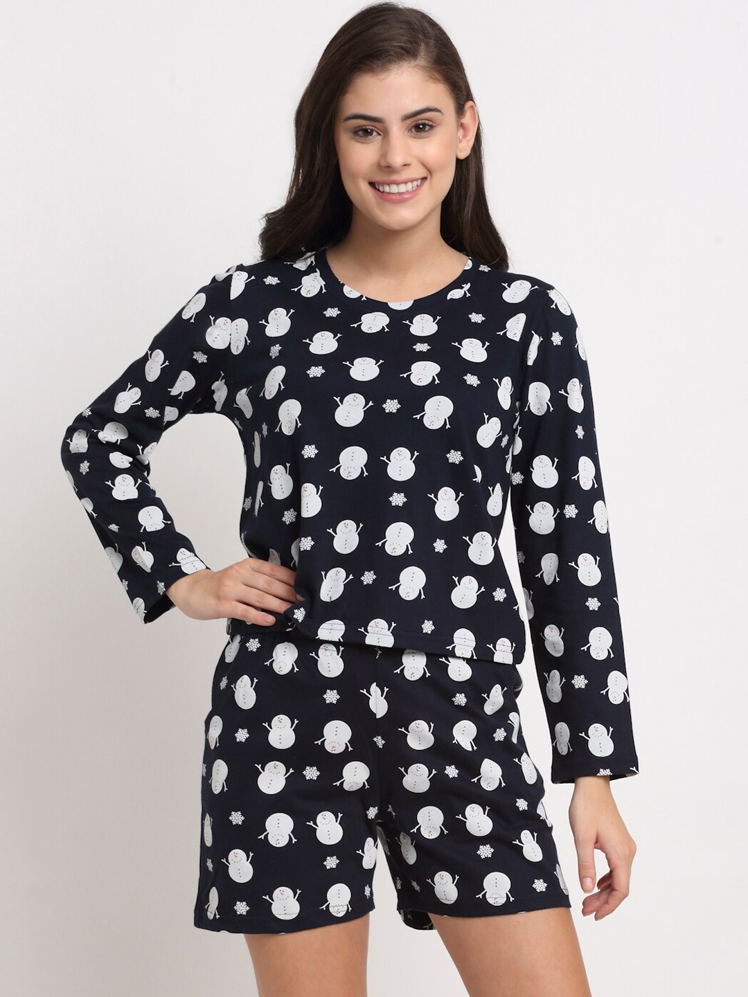 

Kanvin Women Navy Blue & White Printed Night suit