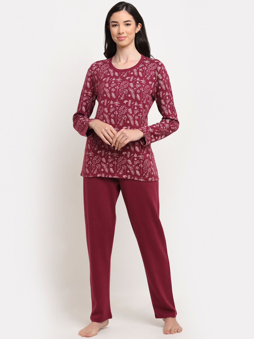 

Kanvin Women Maroon & White Printed Fleece Winter Wear Night suit