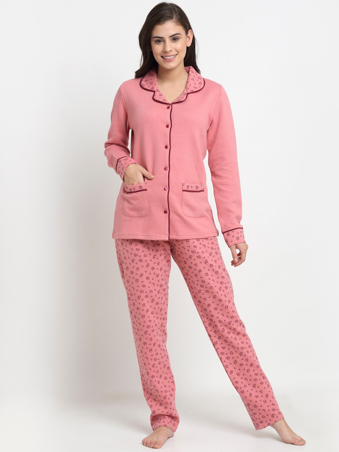 

Kanvin Women Pink Quilted Winter Wear Night suit