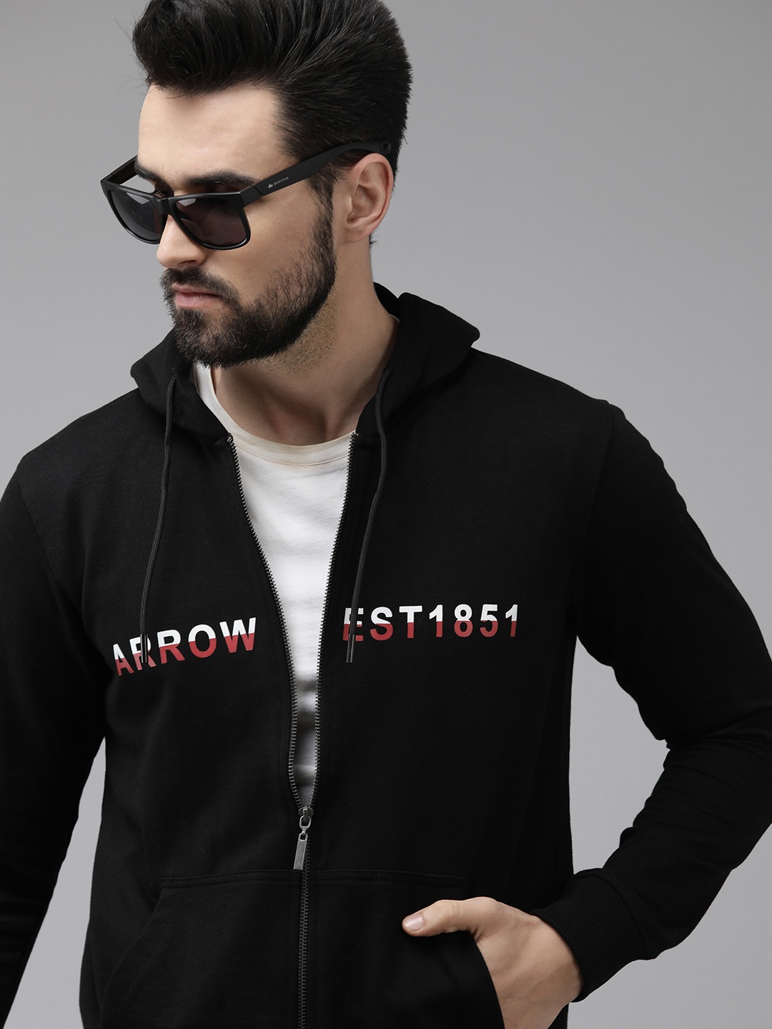

Arrow Men Black Printed Hooded Sweatshirt