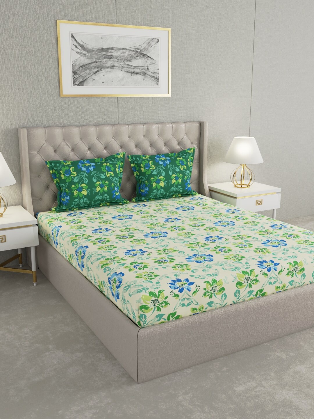

Raymond Home Green Floral 140 TC Cotton 1 Queen Bedsheet with 2 Pillow Covers