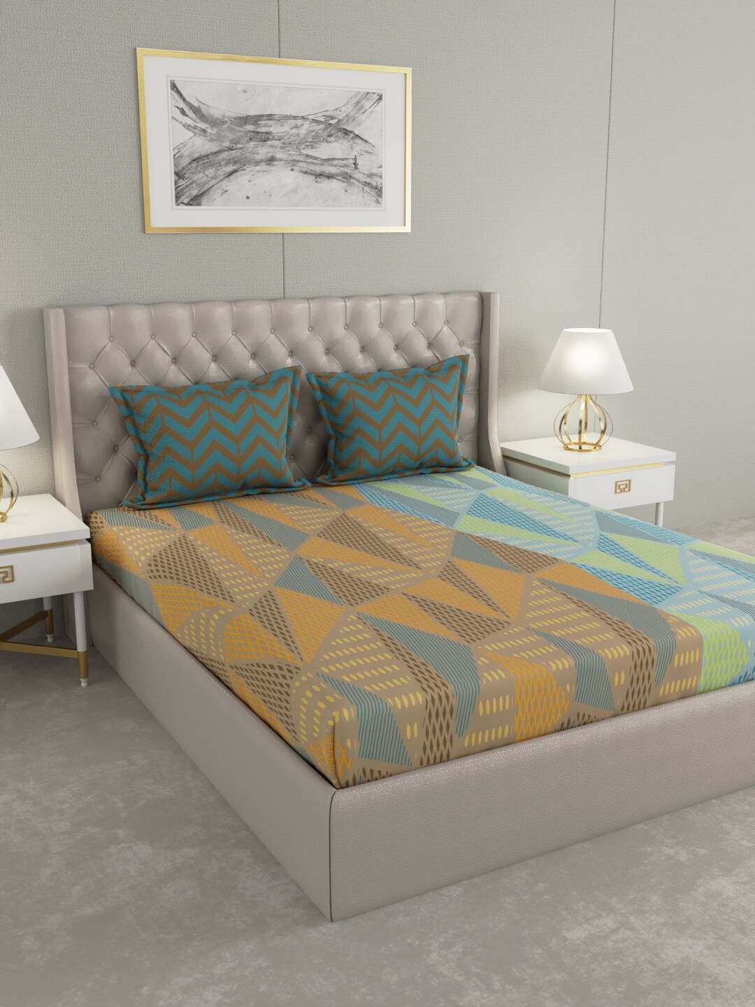 

Raymond Home Brown & Green Geometric 140 TC Queen Bedsheet with 2 Pillow Covers