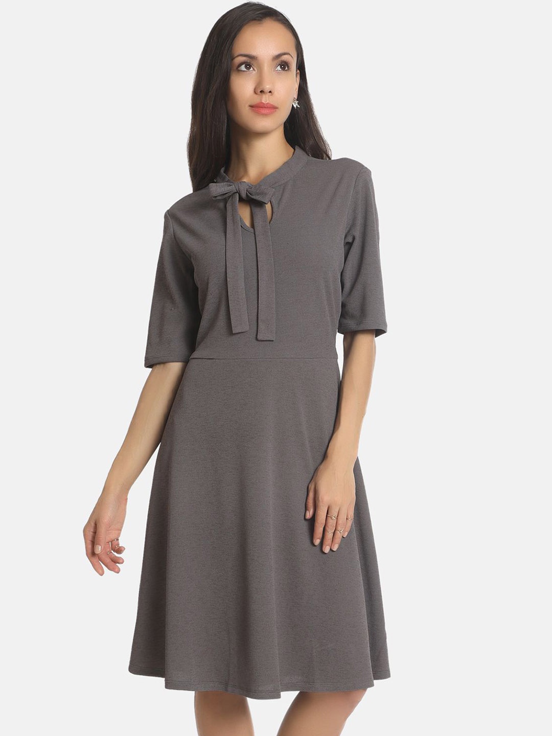 

AARA Grey Tie-Up Neck Dress