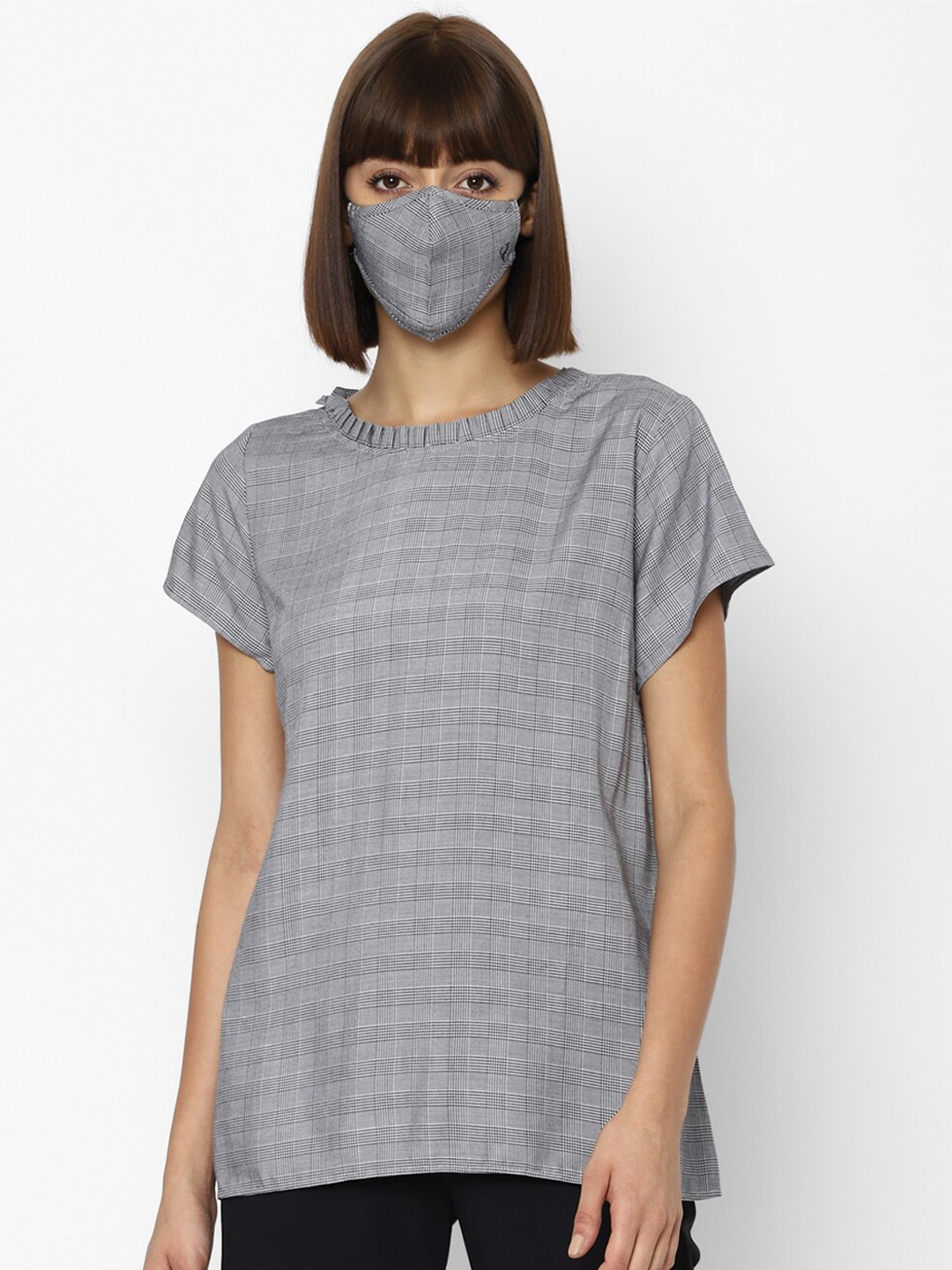 

Allen Solly Woman Grey Checked Regular Top With Matching Mask