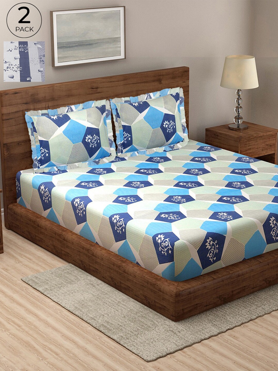 

KLOTTHE Pure Cotton 2 Double Bedsheet set with 4 Frilled Pillow Covers, Blue