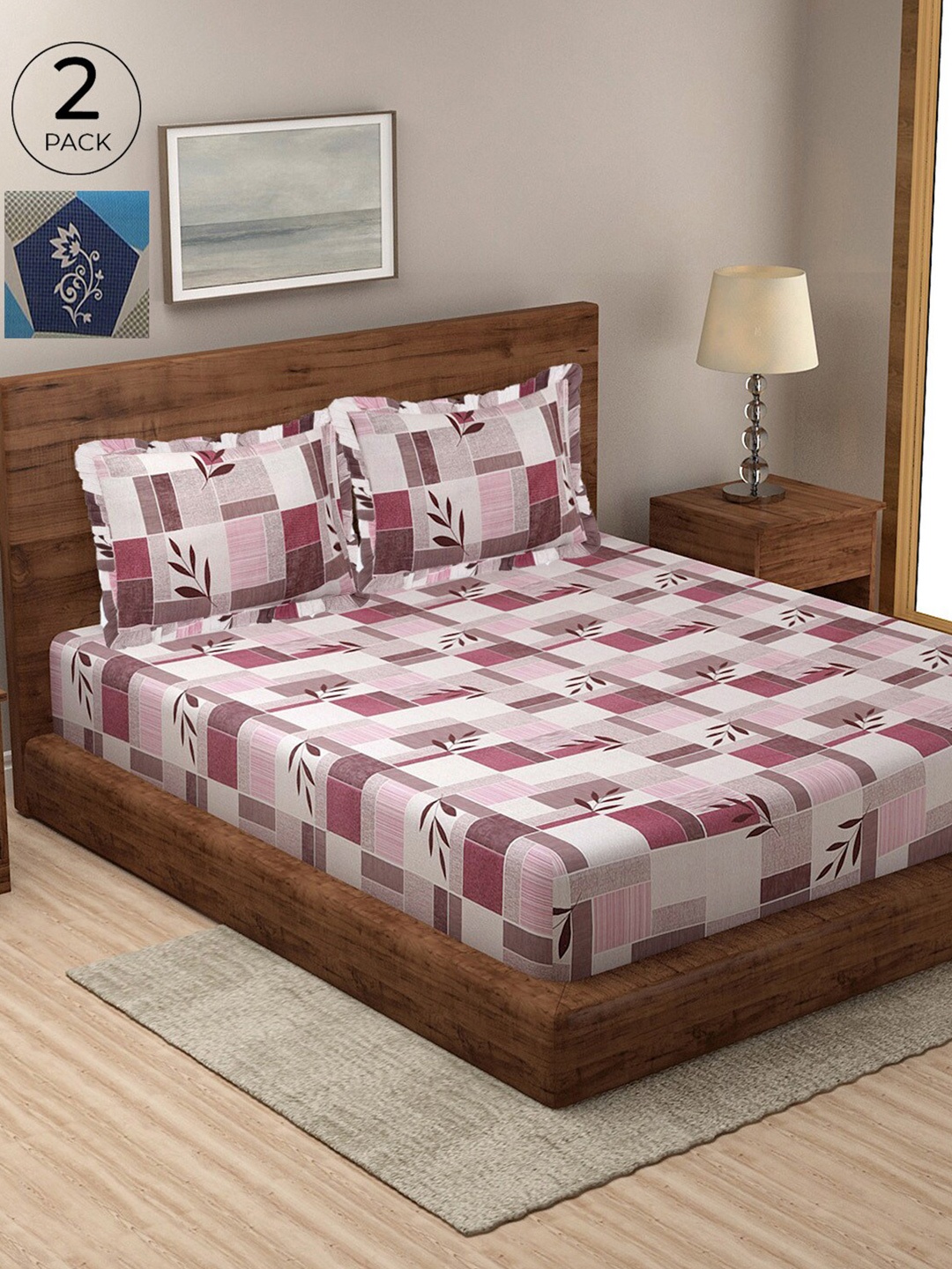 

KLOTTHE 300 TC Pure Cotton 2 Double Bedsheet with 4 Frilled Pillow Covers, Fuchsia