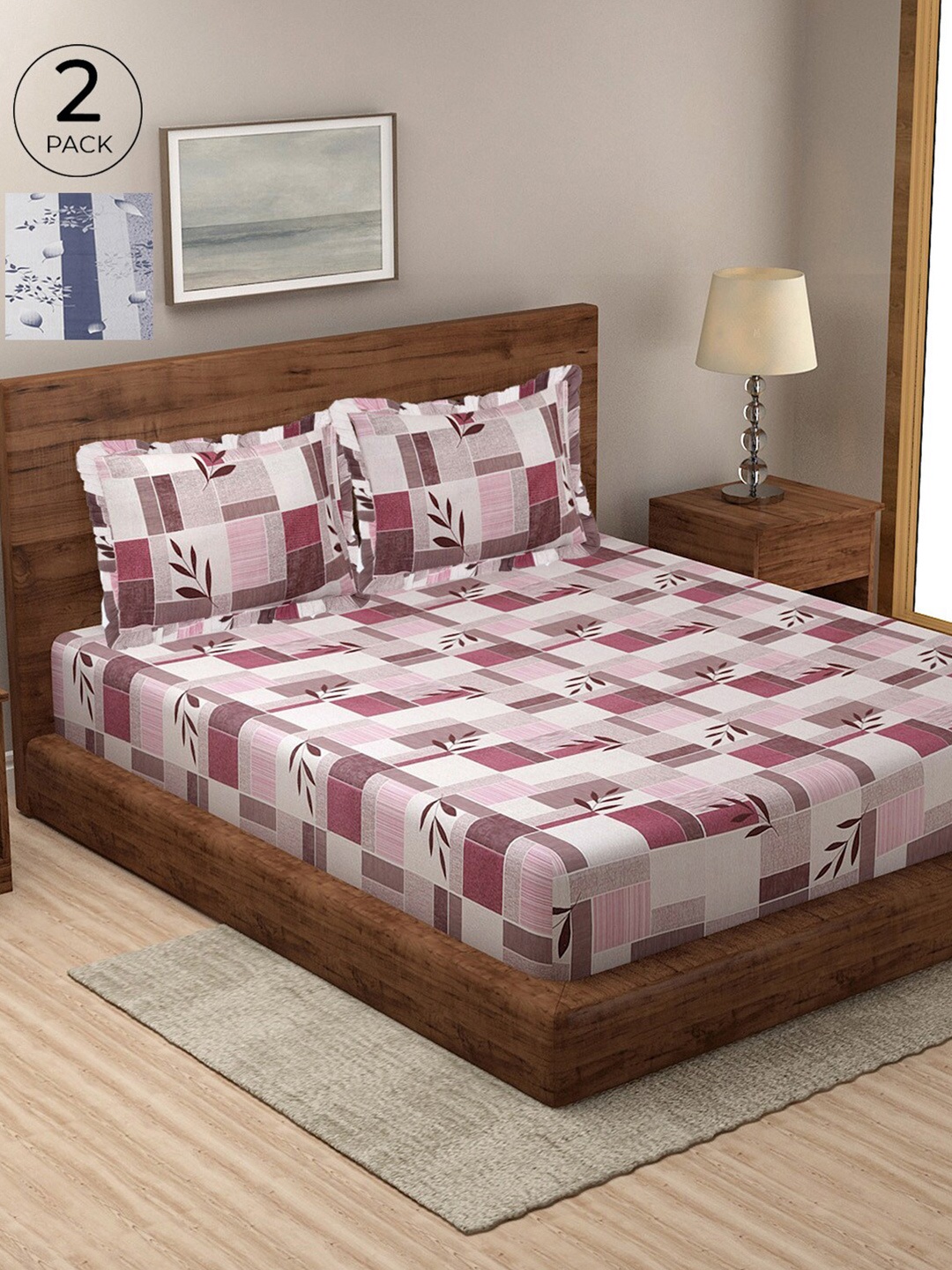 

KLOTTHE 300 TC Pure Cotton 2 Double Bedsheet with 4 Frilled Pillow Covers, Pink