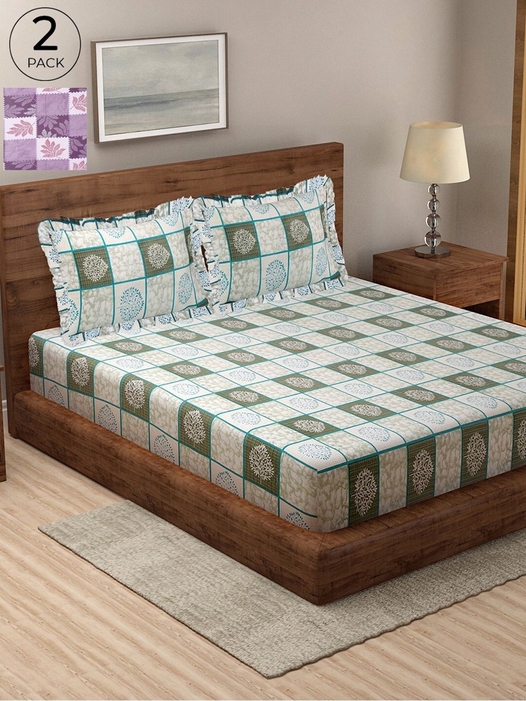 

KLOTTHE 300 TC Pure Cotton 2 Double Bedsheet With 4 Frilled Pillow Covers, Multi