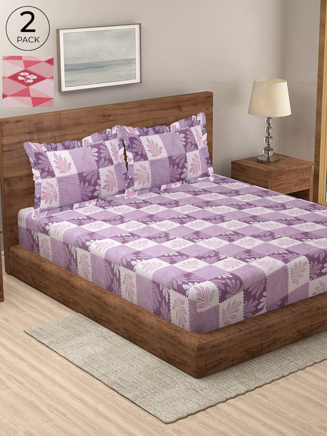 

KLOTTHE Geometric 300 TC Pure Cotton 2 Double Bedsheet with 4 Frilled Pillow Covers, Lavender