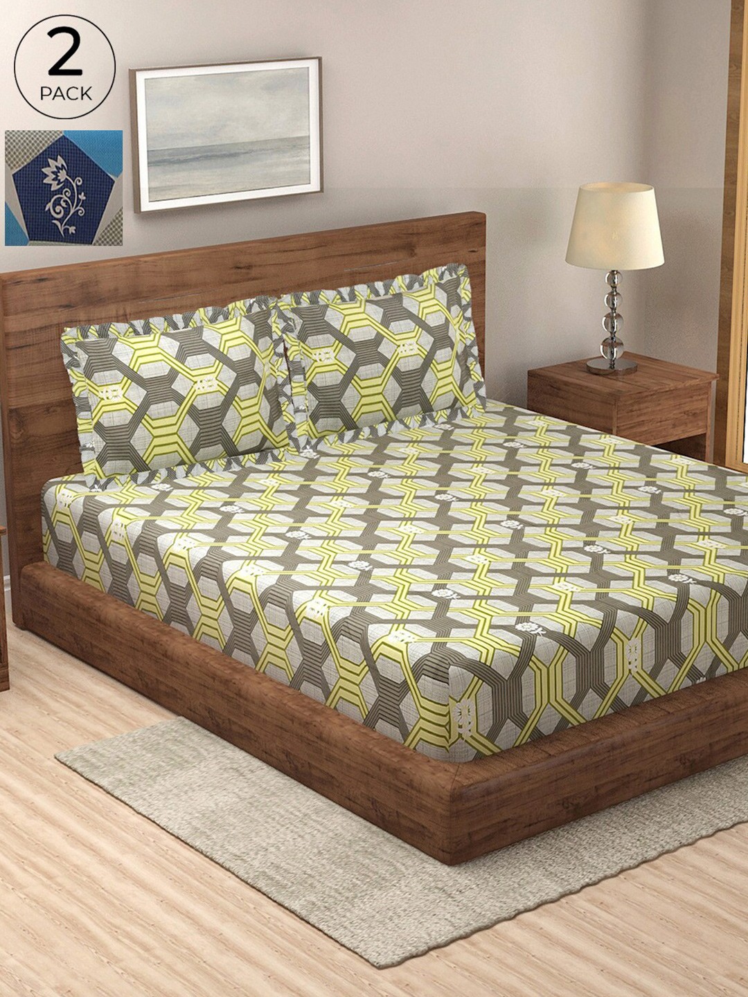 

KLOTTHE 300 TC Pure Cotton 2 Double Bedsheet with 4 Frilled Pillow Covers, Green
