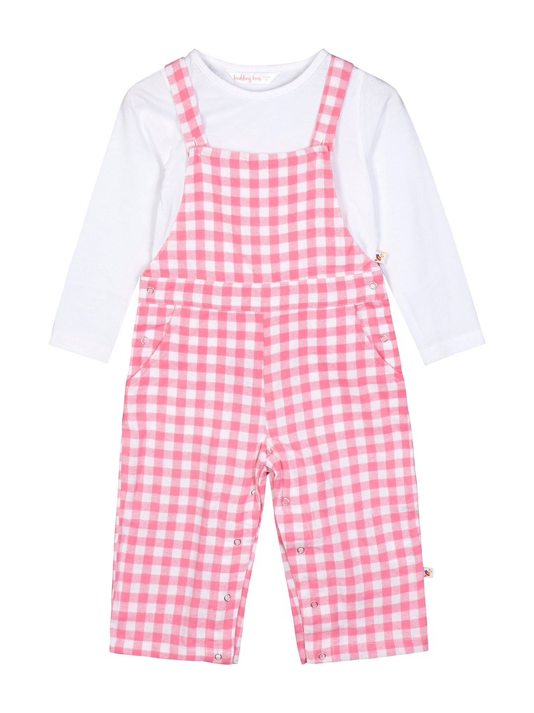 

Budding Bees Girls Pink & White Pure Cotton Checked Dungaree with T-Shirt