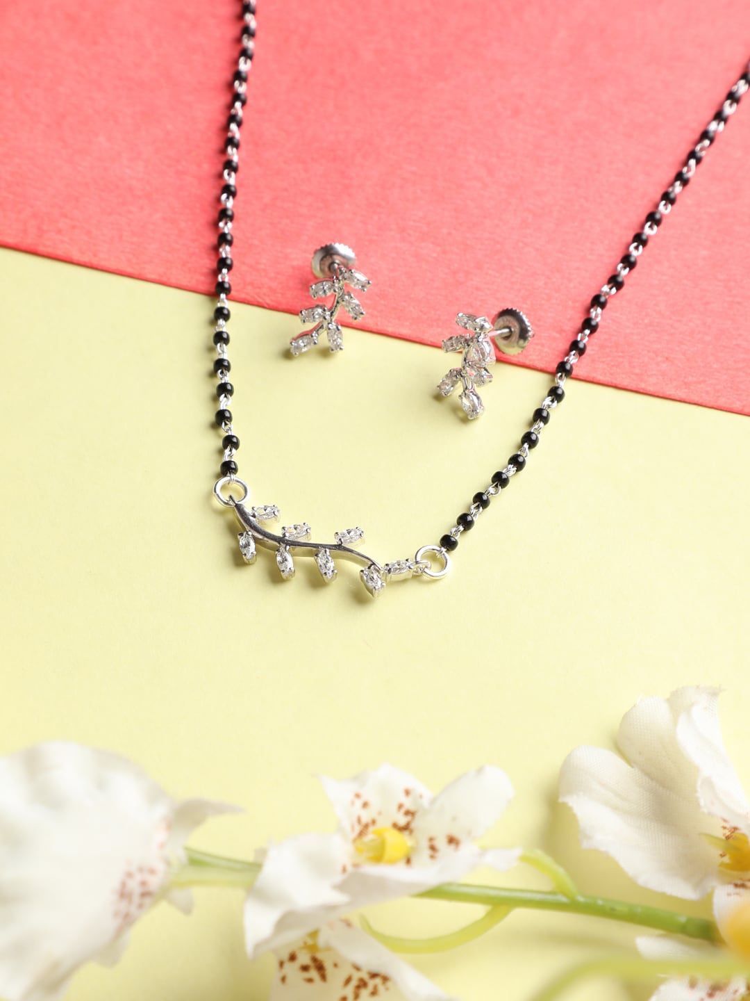

Clara Sterling Silver & Black Beaded Mangalsutra With Earrings
