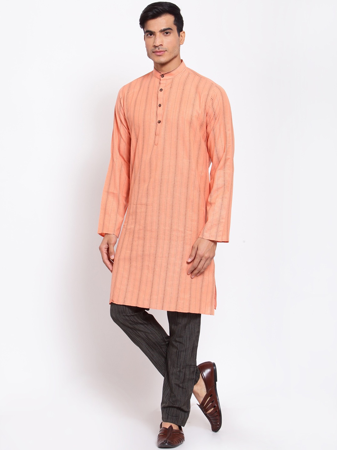 

MAXENCE Men Orange Striped Cotton Kurta