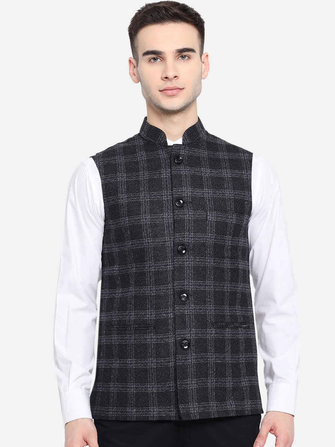 

Vastraa Fusion Men Black & Grey Checked Woven Nehru Jacket